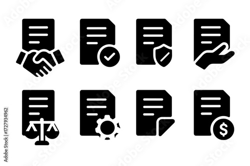 Contract Concept Icons. Solid, filled icon set of contract concepts: agreement, obligation, terms, conditions, rights, duties, clauses, penalties. [Line icons