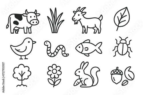 Animal Feeding Doodles. Hand-drawn doodle illustration Animal feeding habits cow, grass, goat, leaf, bird, worm, fish, insect, tree, flower, rabbit, carrot,