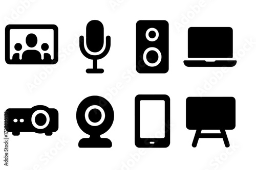 Boardroom Tech Icons. Solid, filled icon set of boardroom technology: video conference, microphone, speaker, laptop, projector, webcam, tablet, smartboard.