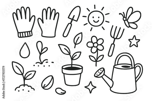 Gardening Tools Doodle. Hand-drawn doodle illustration Gardening gloves gloves, shovel, rake, plant, pot, watering can, droplet, leaf, seed, sprout, flower,