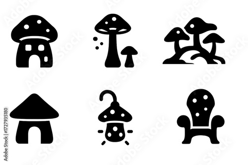 Mushroom Fantasy Icons. Solid, filled icon set of mushroom-inspired fantasy architecture: mushroom house, spore tower, fungal bridge, mycelium gate, cap-roof