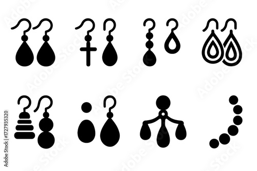 Black Earring Icon Set. Solid, filled icon set of earring sets and pairs: matching set, mismatched pair, trio set, layered earrings, stackable earrings, mix