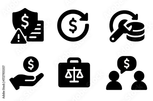 Loss Recovery Icons. Solid, filled icon set of loss recovery: insurance claim, refund, repair, data restore, compensation, backup, legal aid, negotiation.