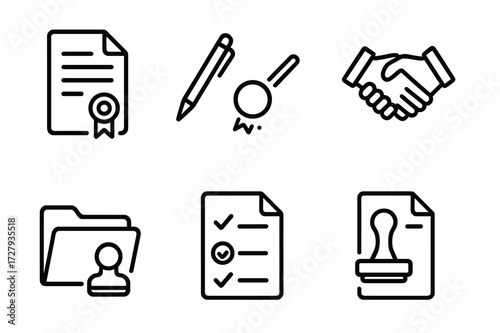 Partnership Icon Set. Outline icon set of partnership agreement: contract, pen, handshake, document, stamp, seal, folder, checklist. Line icons in only black