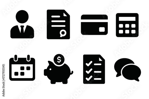 Debt Advice Icons. Solid, filled icon set of debt advice: counselor, contract, credit card, calculator, calendar, piggy bank, checklist, speech bubbles. [Line