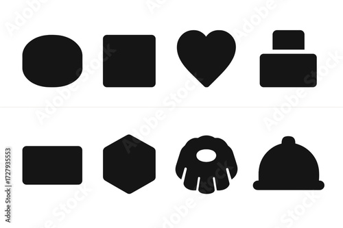 Cake Shape Icons. Solid, filled icon set of cake shapes: round, square, heart, tiered, rectangular, hexagonal, bundt, dome. Solid, filled icons in only black