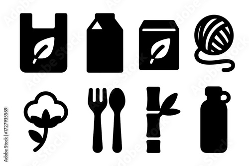 Bio-Based Product Icons. Solid, filled icon set of bio-based products: biodegradable bag, paper carton, eco packaging, natural fiber, cotton plant, wooden