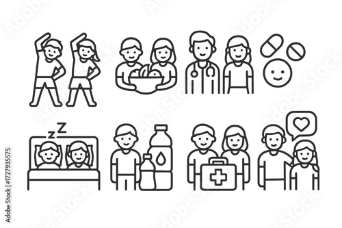 Siblings' Healthy Lifestyle Icons. Outline icon set of siblings health and wellness: exercise, healthy meal, doctor visit, vitamins, sleep, hydration, first