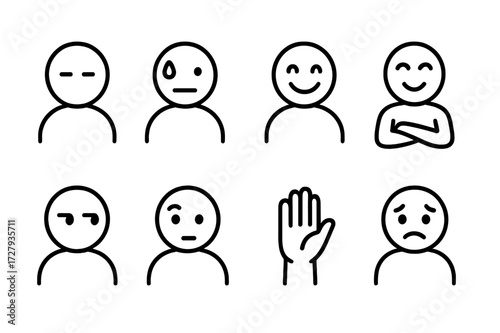 Poker Emotion Icons. Outline icon set of poker emotions: poker face, nervous sweat, confident smile, folded arms, sneaky glance, raised eyebrow, hand gesture,