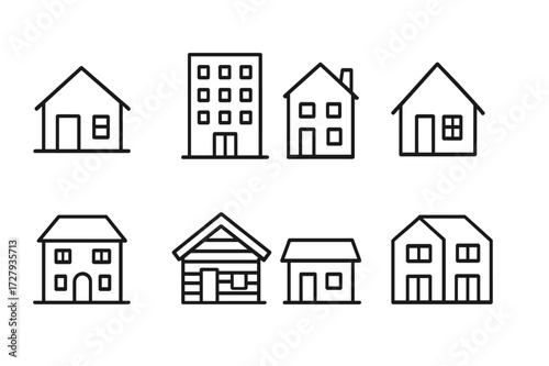 Home Types Icons. Outline icon set of home types: detached house, apartment building, townhouse, cottage, villa, cabin, bungalow, duplex. Line icons in only