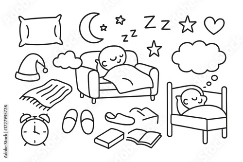 Cozy Nap Icons. Hand-drawn doodle illustration Cozy nap couch, pillow, blanket, bed, closed eyes, Zzz letters, moon, stars, cloud, nightcap, slippers, clock,