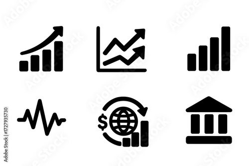 Wall Street Indicator Icons. Solid, filled icon set of Wall Street market indicators: Dow Jones, Nasdaq, S&P , volume, volatility, market cap, index, exchange.