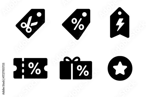 Discount Tag Icons. Solid, filled icon set of discount and offer tags: price cut, special offer %, clearance sale, flash sale, coupon code, gift card, voucher