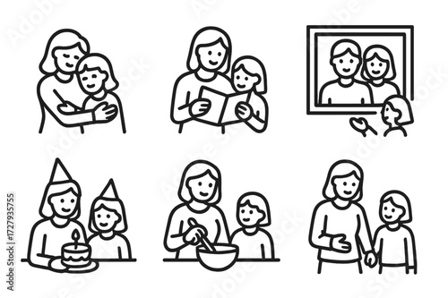 Aunt and Family Icons. Outline icon set of aunt and family: aunt hugging niece, aunt reading book, family photo, gift exchange, birthday celebration, baking