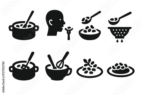 Boiled Bean Icon Set. Solid, filled icon set of boiled bean kitchen actions: stirring, tasting, serving, draining, mashing, mixing, garnishing, plating. [Line