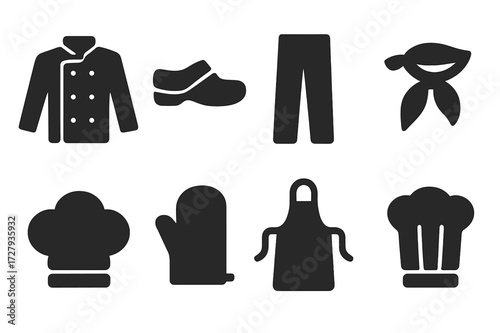 Chef Attire Icons. Solid, filled icon set of chef attire: chef coat, kitchen clogs, chef pants, neckerchief, chef hat, oven mitt, apron, toque blanche. Solid,