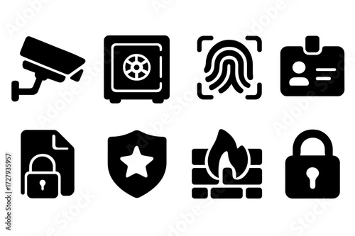 Bank Security Icons. Solid, filled icon set of bank security: CCTV camera, safe lock, fingerprint scan, access card, encrypted file, guard shield, firewall