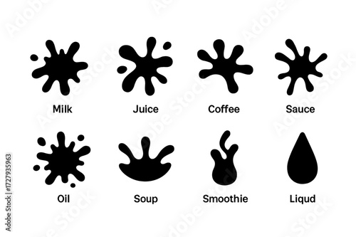 Splash Icon Set. Solid, filled icon set of splash food: milk splash, juice splash, coffee splash, sauce splash, oil splash, soup splash, smoothie splash,