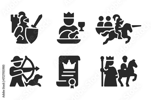 Baron Events Icons. Solid, filled icon set of baron events: tournament, feast, council meeting, jousting, hunting party, royal decree, banquet, procession.