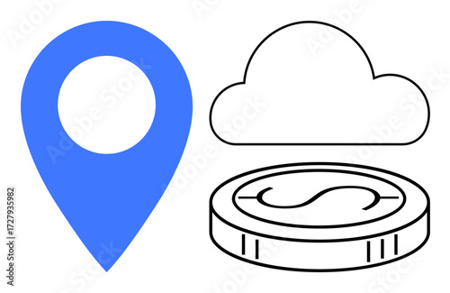 Blue location pin, outlined cloud, and coin with dollar sign symbolize online transactions, global connectivity. Ideal for navigation, cloud storage, finance, e-commerce, investment fintech simple