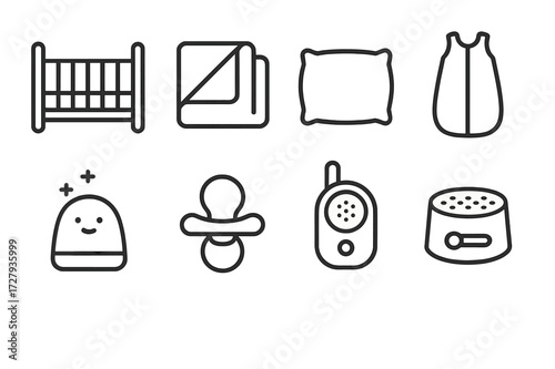 Nursery Sleep Essentials Icons. Outline icon set of nursery sleep essentials: crib, blanket, pillow, sleep sack, night light, pacifier, baby monitor, white