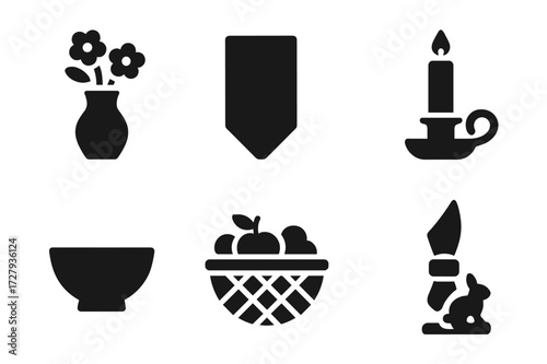 Table Decor Icons. Solid, filled icon set of table decor: floral vase, table runner, place card, candle holder, ceramic bowl, fruit basket, napkin ring, small