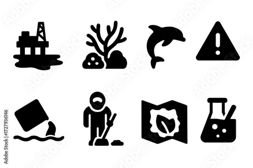 Offshore Environmental Icons. Solid, filled icon set of offshore environmental concerns: oil spill, coral reef, marine wildlife, pollution, warning sign,