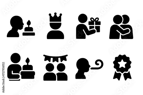 Birthday Celebration Icons. Solid, filled icon set of birthday celebrants: blowing candles, wearing crown, receiving gift, birthday hug, holding cake, photo
