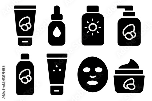 Shea Skincare Icons. Solid, filled icon set of shea butter related skincare: moisturizer, serum, sunscreen, cleanser, toner, exfoliator, mask, eye cream.