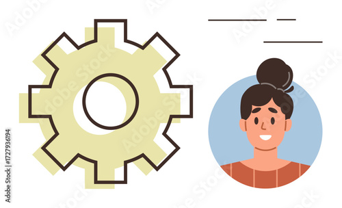 Gear linked with smiling woman avatar as metaphor for user personalization, optimization, collaboration, management, interface, workflow, preferences. Ideal for tech, HR or workflow concepts simple