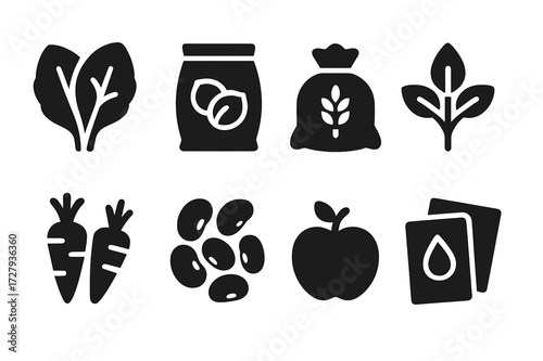 Plant-Based Grocery Icons. Solid, filled icon set of plant-based grocery items: leafy greens, nuts bag, grains sack, fresh herbs, root vegetables, dried beans,
