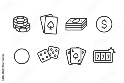 Poker Icon Set. Outline icon set of poker stakes: poker chips, playing cards, cash stack, bet amount, dealer button, dice, winning hand, jackpot. Line icons in