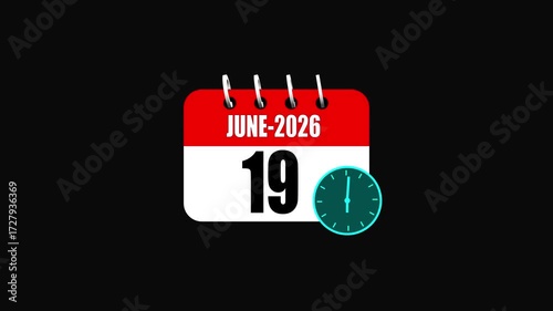June 2026 Calendar Page with Date 19 and Teal Clock Icon on Black Background image photo