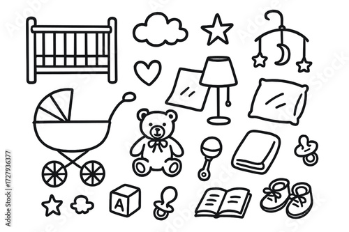 Nursery Essentials Doodle. Hand-drawn doodle illustration Nursery room crib, stroller, lamp, mobile, teddy bear, blanket, pillow, toy block, rattle, pacifier,