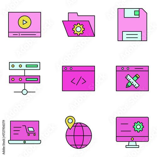 Colorful line icon set for web development, server hosting, and digital technology