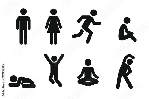 Human Figures Icons. Solid, filled icon set of naked human figures: standing man, standing woman, running person, sitting figure, sleeping person, jumping