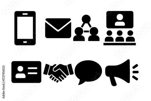 Tycoon Communication Icons. Solid, filled icon set of tycoon communication and networking: smartphone, email, social network, conference call, business card,
