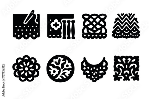 Lace Types Icon Set. Solid, filled icon set of lace types: needle lace, bobbin lace, tape lace, knitted lace, crochet lace, chemical lace, Alencon lace,