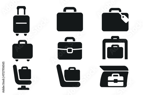 Briefcase Transport Icons. Solid, filled icon set of briefcase transport: rolling wheels, handle grip, travel tag, carry-on size, luggage strap, airport