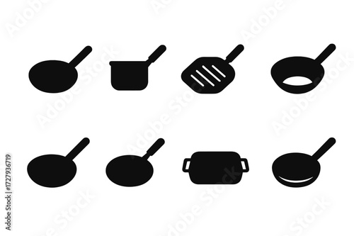 Black Pan Icons Set. Solid, filled icon set of pans: frying pan, saucepan, grill pan, wok, saute pan, crepe pan, roasting pan, skillet. [Line icons in only