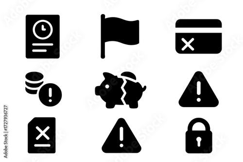 Credit Issues Icons. Solid, filled icon set of credit problems: overdue notice, red flag, canceled credit card, debt warning, broken piggy bank, denied
