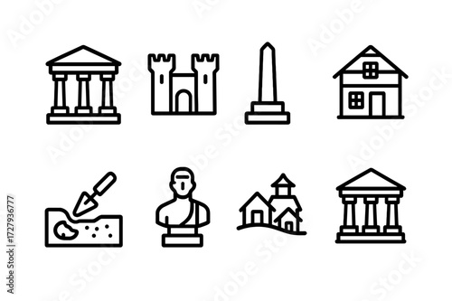 Heritage Sites Icons. Outline icon set of heritage sites: ancient temple, castle, monument, historic house, archaeological dig, statue, traditional village,