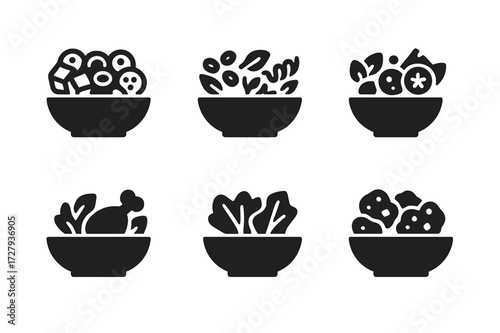Salad Icons Collection. Solid, filled icon set of salad varieties: Greek salad, bean salad, pasta salad, fruit salad, chicken salad, coleslaw, Caesar salad,