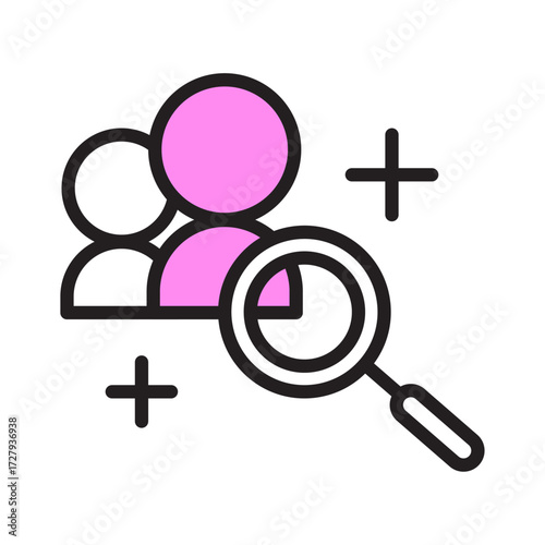 Magnifying glass hovering over a group of people icons representing searching for individuals