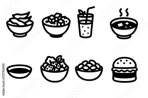 Soybean Dish Icons. Solid, filled icon set of soybean dishes: edamame, tofu stir-fry, soy milk smoothie, miso soup, soy sauce dish, tempeh salad, roasted