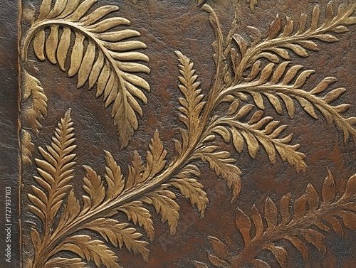 Embossed Golden Fern Leaves on Brown Leather Texture