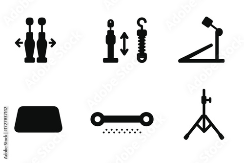 Double Pedal Icons. Solid, filled icon set of double pedal setup: pedal spacing, beaters height, spring tension, footboard angle, base plate stability,