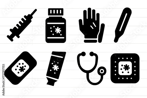 Medical Tools Icons. Solid, filled icon set of rash related medical tools: syringe, pill bottle, medical gloves, thermometer, bandage, ointment, stethoscope,