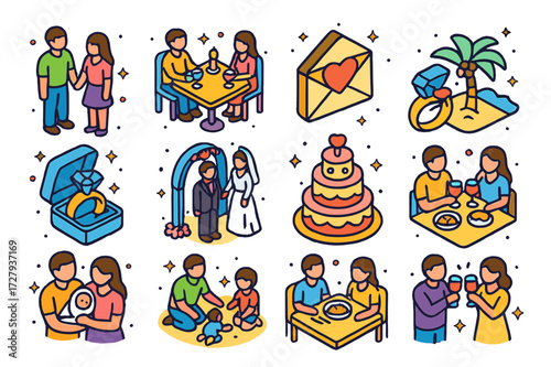 Colorful Love Icons. Relationships. Colorful isometric vector icons set of Relationships: couple holding hands, first date, romantic dinner, love letter,