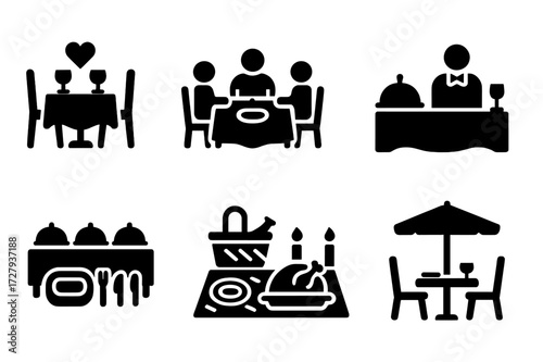 Dinner Icons Collection. Solid, filled icon set of dinner occasions: romantic dinner, family dinner, formal dinner, buffet, picnic dinner, holiday feast,